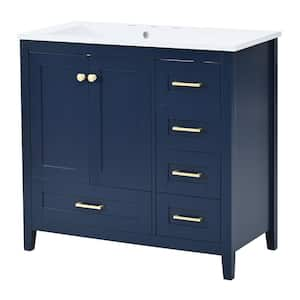 36 in. W x 18 in. D x 34 in. H Single Sink Freestanding Bath Vanity in Blue with White Resin Top