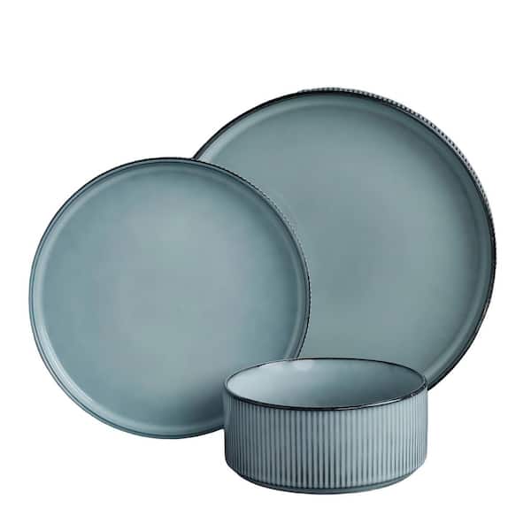 Ceramic Dinnerware Sets, Plates and Bowls Set for 4, 12-Piece Ribbed Dishes-Chip and Scratch Resistant, Smoky Blue