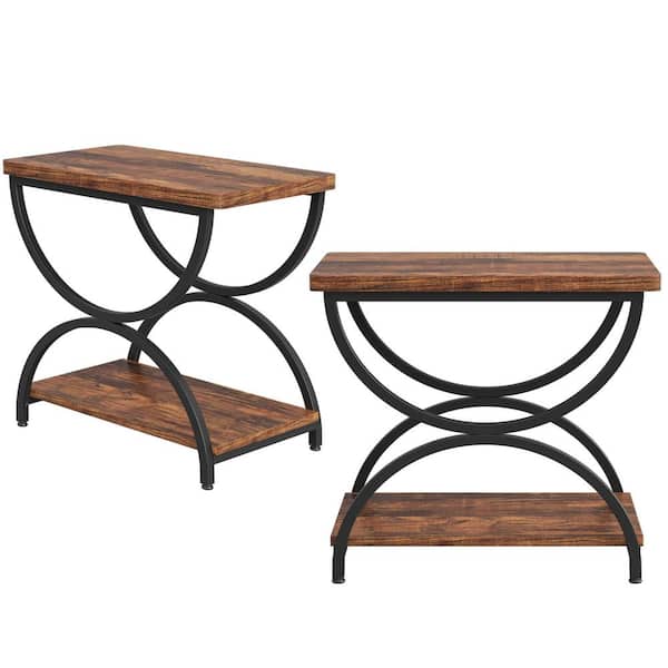 BYBLIGHT Kerlin 23.62 in. 2-Pieces Rustic Brown and Black Rectangle Wood Side Accent Table 2-Tier Side Table Stylish Metal Frame