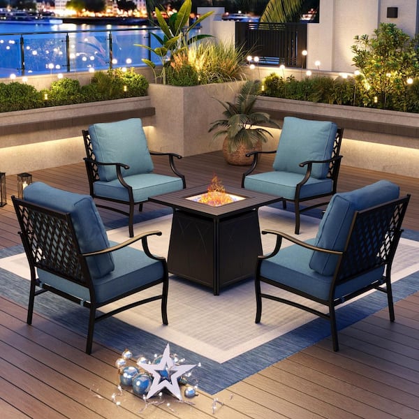 PHI VILLA Black Metal Meshed 4 Seat 5-Piece Steel Outdoor Patio Conversation Set with Denim Blue Cushions, Square Fire Pit Table