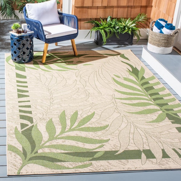 Courtyard Cream/Green 4 ft. x 4 ft. Palm Leaf Indoor/Outdoor Patio  Square Area Rug