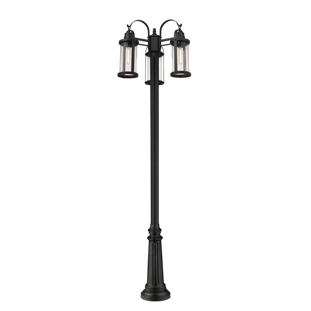 Black Aluminum 3-Light Outdoor Post with Clear Seedy Glass Shades