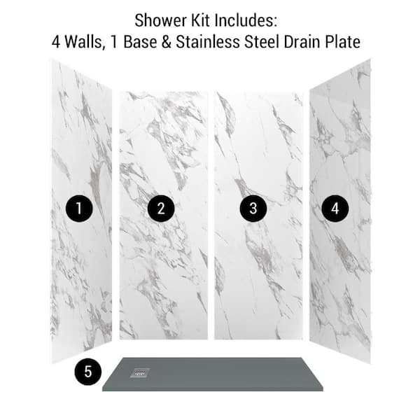 Carrara 32 in. x 60 in. x 84 in. Solid Composite Stone Alcove Shower Kit with Walls and Graphite Pan Base L/R Drain