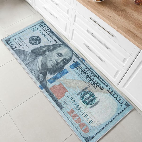 Money Dollar Front Novelty Printed Green Blue 3 ft. x 7 ft. 3 in. Runner Area Rug