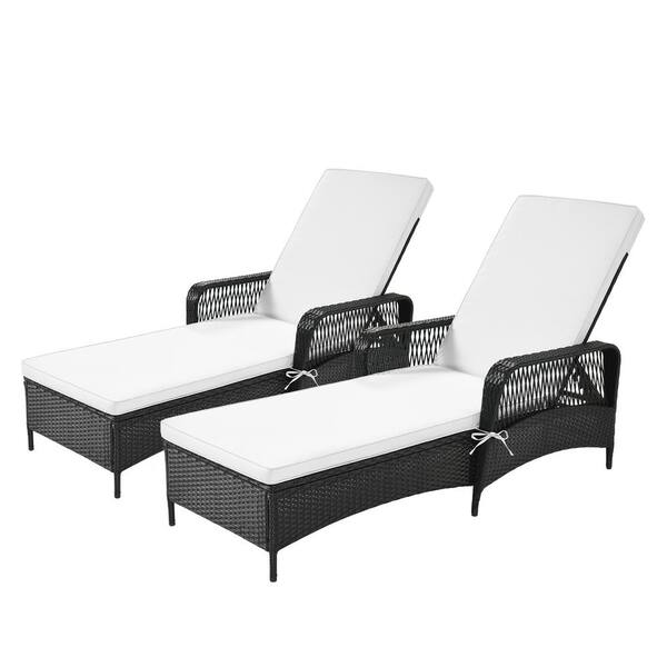 Unbranded Beige Adjustable Backrest Wicker Outdoor Lounge Chair With Beige Cushion, Black Wicker (2-Sets)