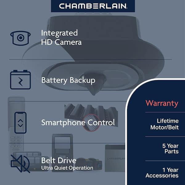 3/4 HP LED Smart Quiet Belt Drive Garage Door Opener w/ Security Camera and Battery Backup w/ Universal 2-Button Remote