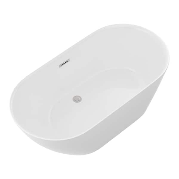 Unbranded 59 in. x 29.5 in. Acrylic Freestanding Flatbottom Soaking Bathtub with Center Drain in White/Chrome Pop-Up Drain