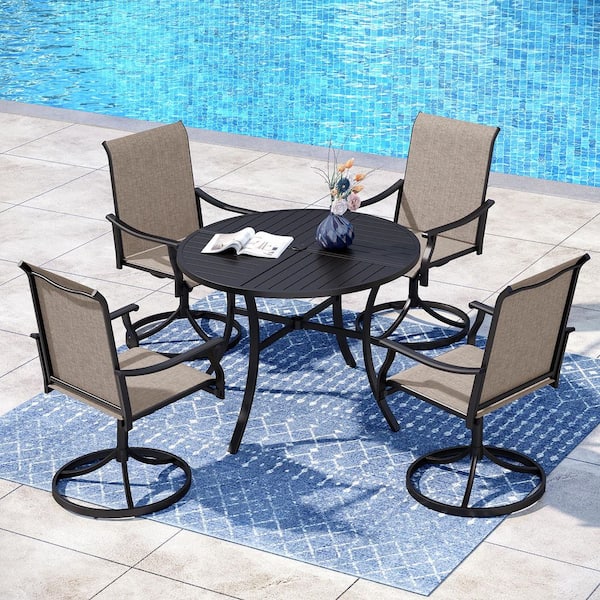 PHI VILLA Black 5-Piece Metal Outdoor Patio Dining Set with Round Slat Table and Textilene Swivel Chairs