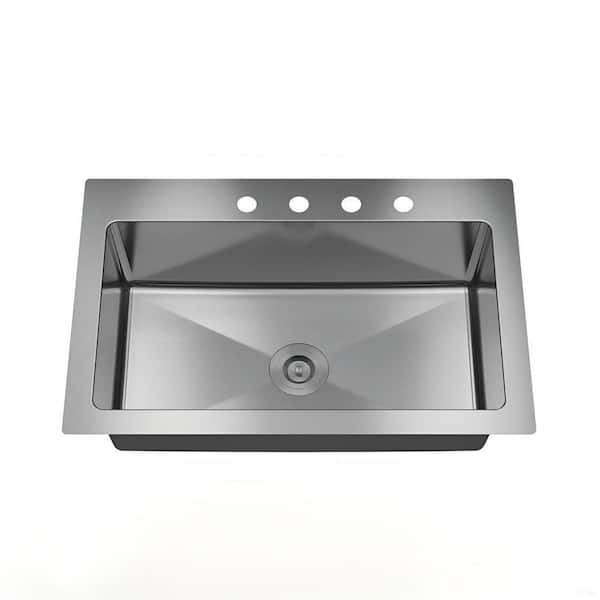 33 in. Drop-In Single Bowl Brushed Stainless Steel 18-Gauge 3 Faucet Holes Kitchen Sink with Strainer and Grids