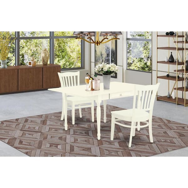 East West Furniture 3-Piece Linen White Finish Solid Wood Top With Dropleaf Dining Table Set