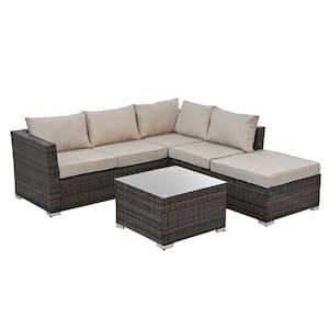 6-Piece Outdoor Patio Brown PE Wicker Conversation Set Furniture Set with Tempered Glass Coffee Table and Beige Cushions