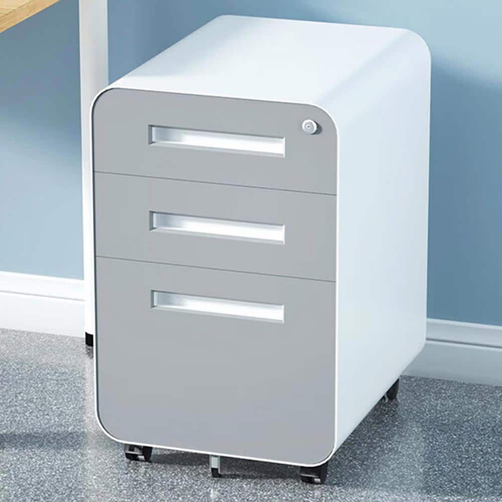 3-Drawers White Gray Metal 15.75in.W Vertical File Cabinet,Mobile Anti-Tilt