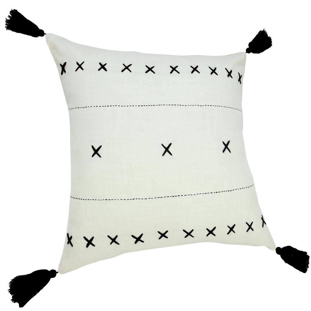 20" White and Black Embroidered Cotton Throw Pillow