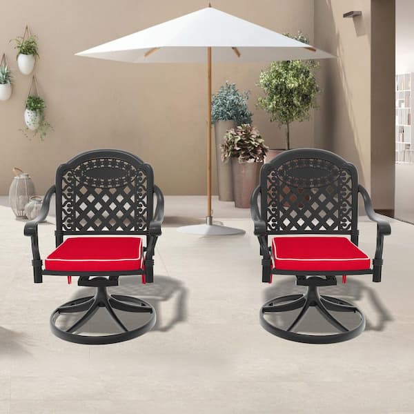 Traditional Cast Aluminum Outdoor Patio Swivel Lounge Chair, Smooth 360 Degrees Rotated Seat with Red Cushion (2-Pack)