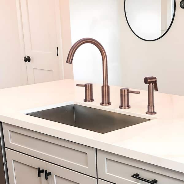 Double Handle Deck Mount Standard Kitchen Faucet with Side Spray in Antique Copper