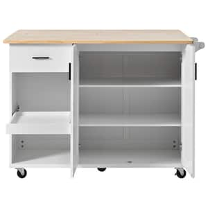 White Wood 49 in. Kitchen Island Cart with Folding Panels/Slide-Out Shelves/Towel Rack and Drawer