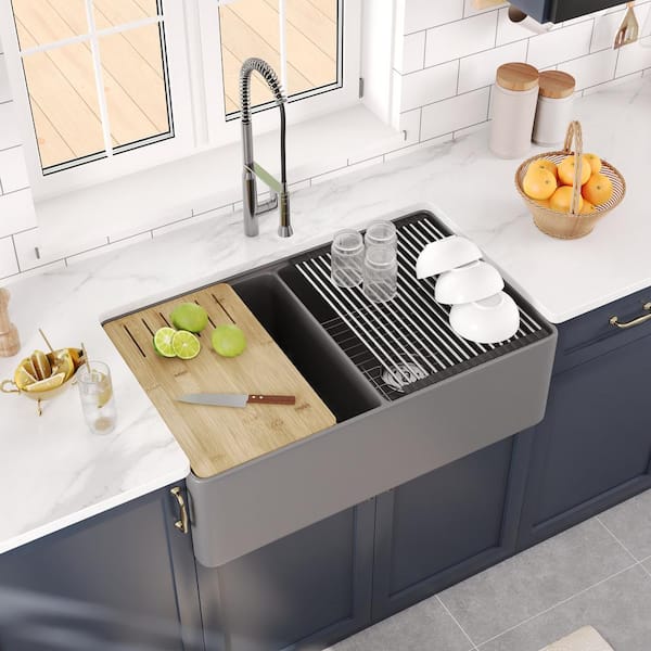 DEERVALLEY 33 in. Farmhouse/Apron-Front Double Bowl Fireclay Workstation Kitchen Sink with Accessories in Grey
