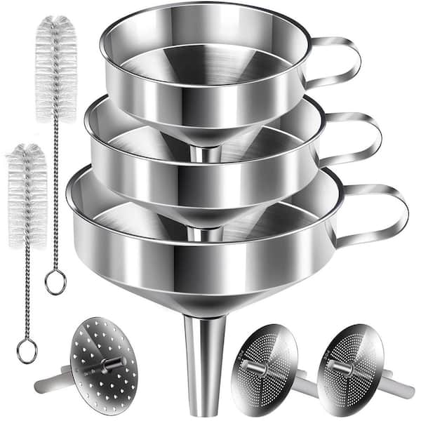 Stainless Steel Kitchen Funnel Set of 3 with Removable Strainer and Brushes Large Food Grade Metal Funnel for Bottles