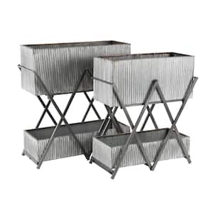 Modern 29 in. and 31 in. Silver Rectangular Double-Deck Iron Plant Stands (Set of 2)