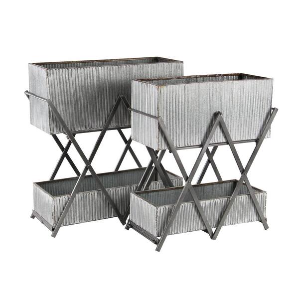 Litton Lane Modern 29 in. and 31 in. Silver Rectangular Double-Deck Iron Plant Stands (Set of 2)