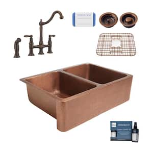 Rockwell All-in-One Copper Sink 33 in. Double Bowl 50/50 Farmhouse Apron Kitchen Sink with Faucet and Drains