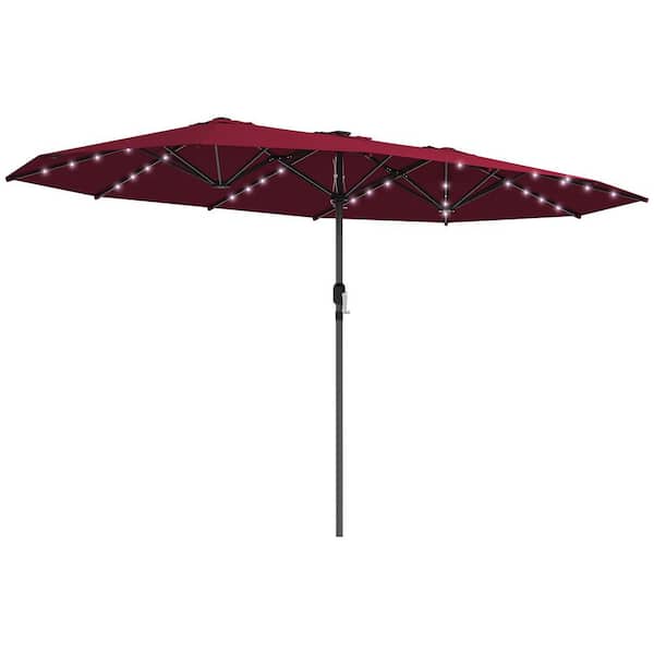 14.8 ft. Double Patio Umbrella in Wine Red, Large Outdoor Sun Shade with LED Solar Light for Garden