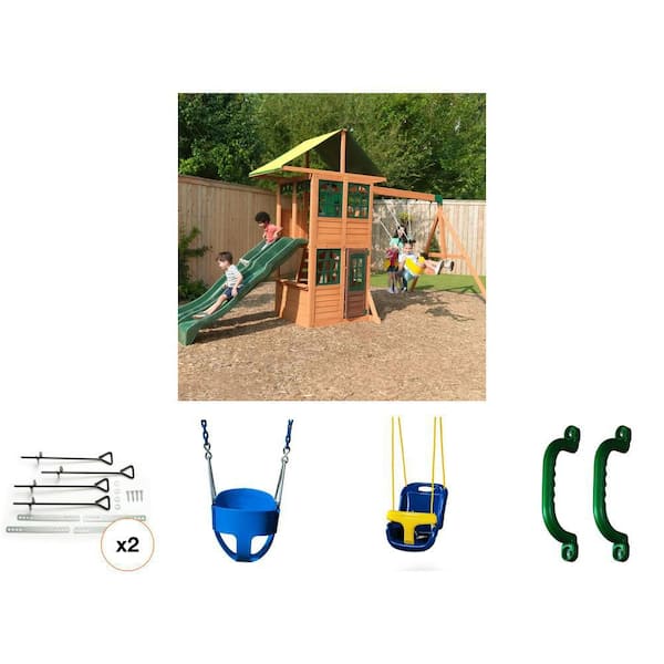 DIY Playground Set with Dual Slides, Swings, Green Handles, Blue Infant and Full-Bucket Swings, Ground Anchors Kit
