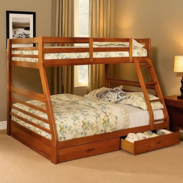 Modern Antique Oak Brown Twin Over Full Bunk Bed with Drawers