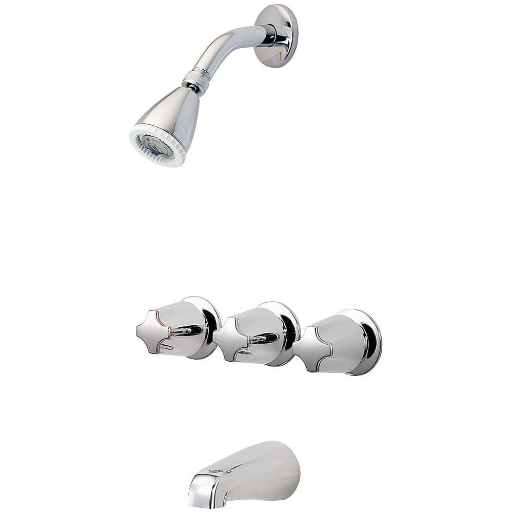 Polished Chrome Wall Mounted Triple Handle Tub and Shower Faucet