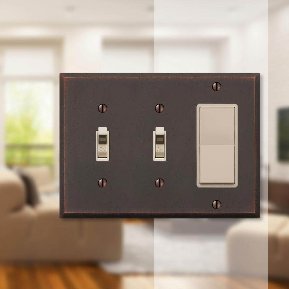 Aged Bronze 3-Gang Metal Wall Plate with 2 Toggle and 1 Rocker