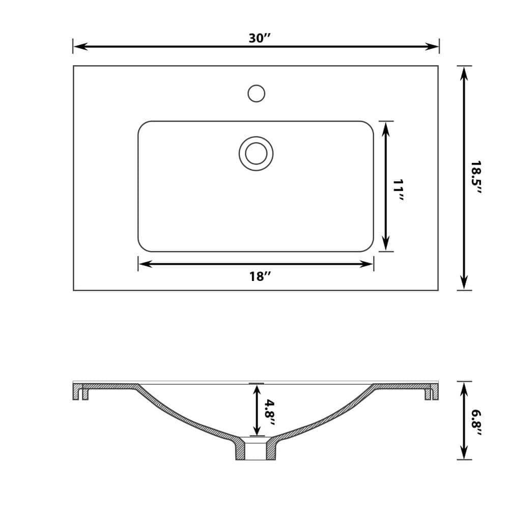 30 in. White Ceramic Rectangular Single Sink Bathroom Vanity Top
