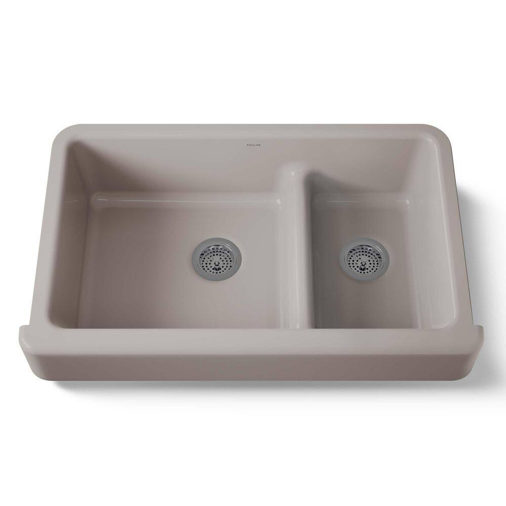 KOHLER Whitehaven 36 in. Farmhouse/Apron-Front Double Bowl No Gauge Truffle Cast Iron Kitchen Sink Only and Mounting Hardware