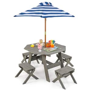 6-Piece Wood Top Kids Grey Picnic Table Set with Octagon Table 4 Stools & Removable Adjustable Umbrella