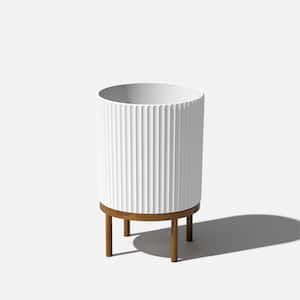 Demi 16 in. Raised with Stand Round White Plastic Planter with Brown Stand