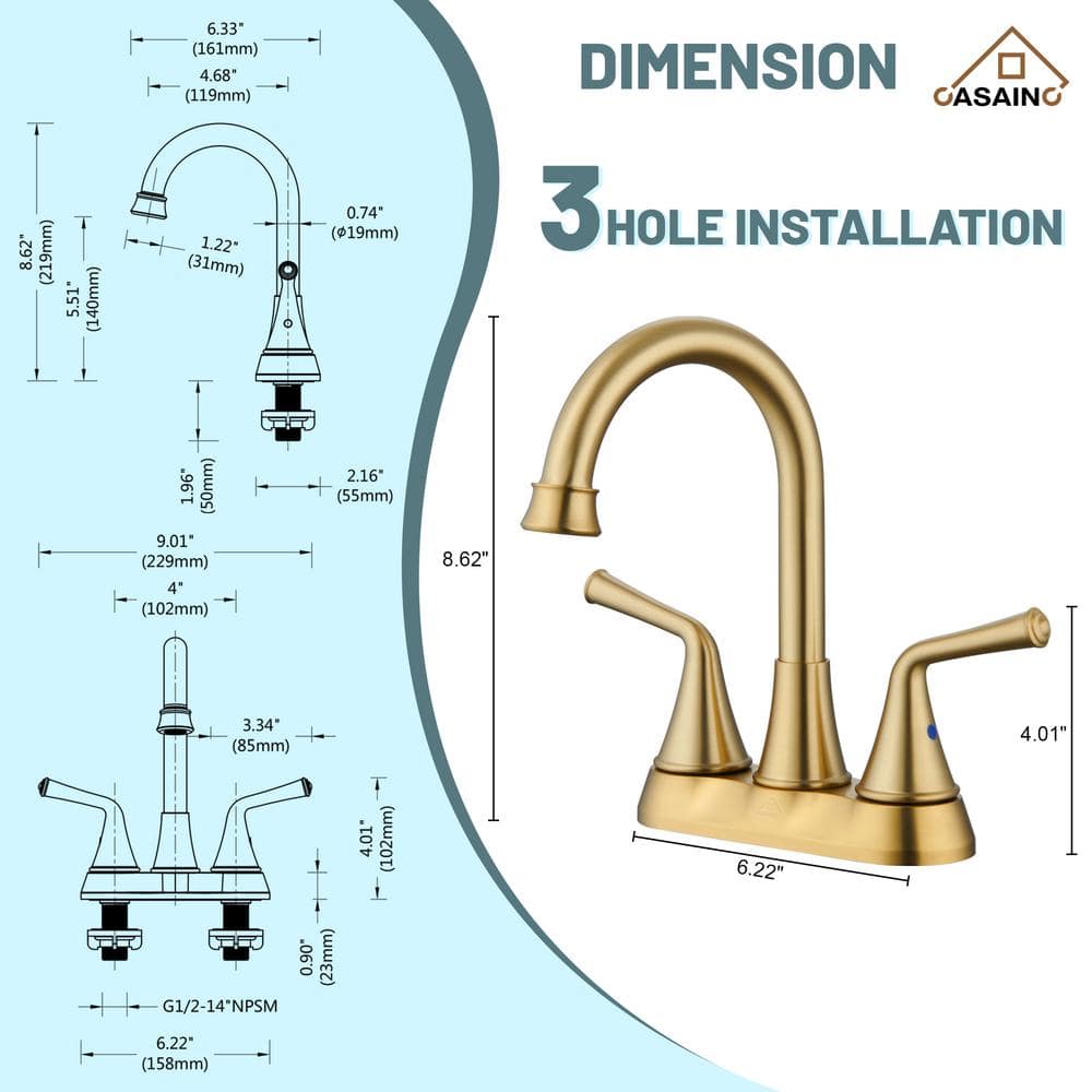 Brushed Gold Stainless Steel Double Handle Bathroom Faucet with Pop-up Drain