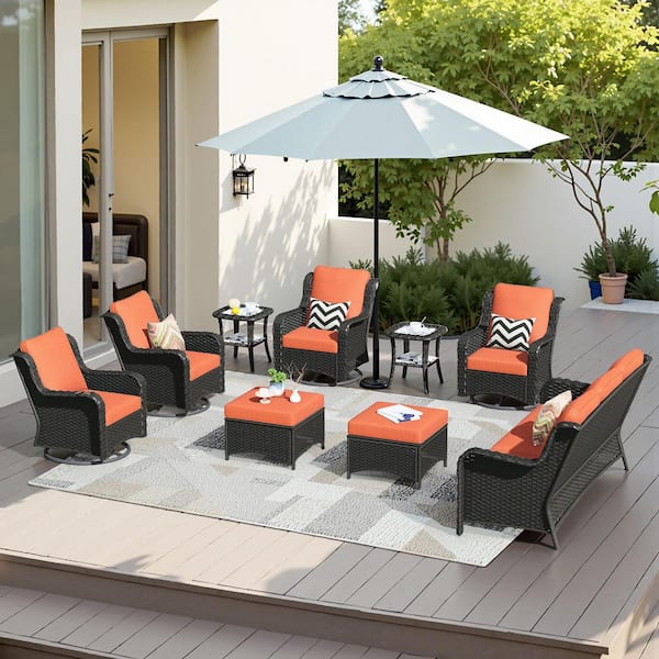 OVIOS Janus Brown 9-Piece Wicker Patio Conversation Seating Set with Orange Red Cushions and Swivel Chairs