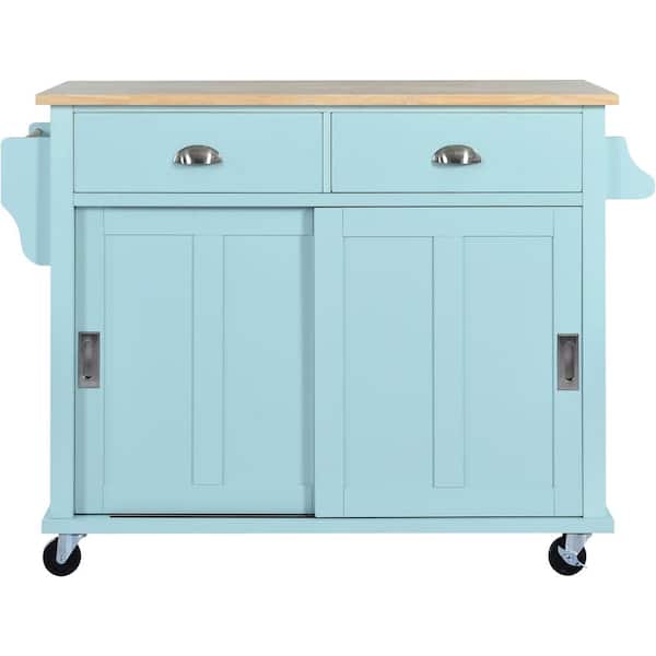 Boosicavelly Green Rubber Wood MDF Kitchen Cart with Concealed Sliding Barn Door Adjustable Height and Locking Wheels