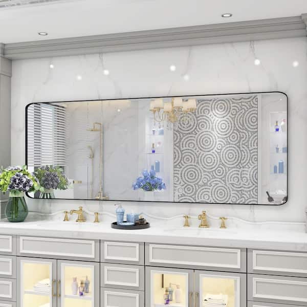 84 in. W x 32 in. H Premium Aluminum Framed Rectangular Bathroom Vanity Wall Mirror in Matte Black