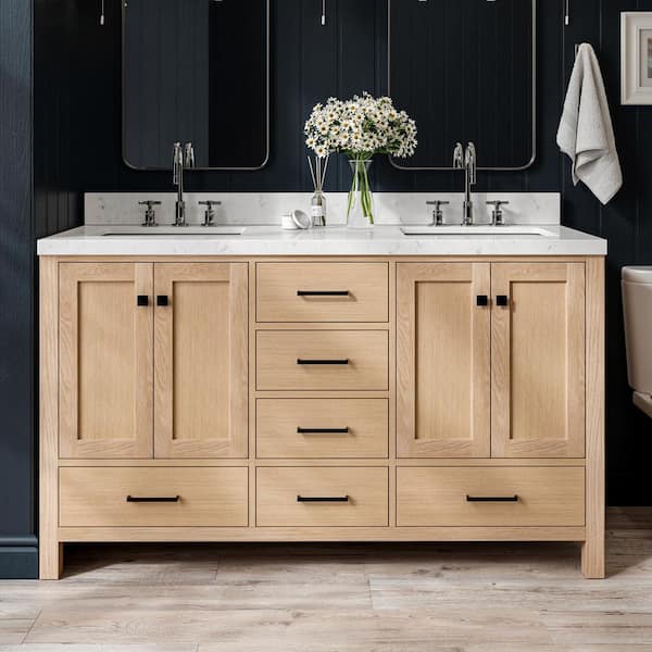 Cambridge 60 in. W x 22 in. D x 36 in. H Double Rectangle Sink Bath Vanity in Oak with Carrara White Quartz Top