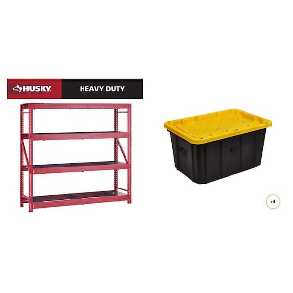 77 in. W Metal 4-Shelf Red Storage Shelving Unit and 27 Gal. Black and Yellow Storage Tote (4-Count) Combo