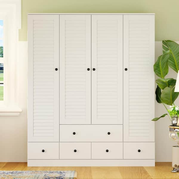 FUFU&GAGA 70 in. H x 19 in. D White Wood 59 in. W 4 Shutter Doors Big Armoires Wardwore with 6-Drawers, Hanging Rod
