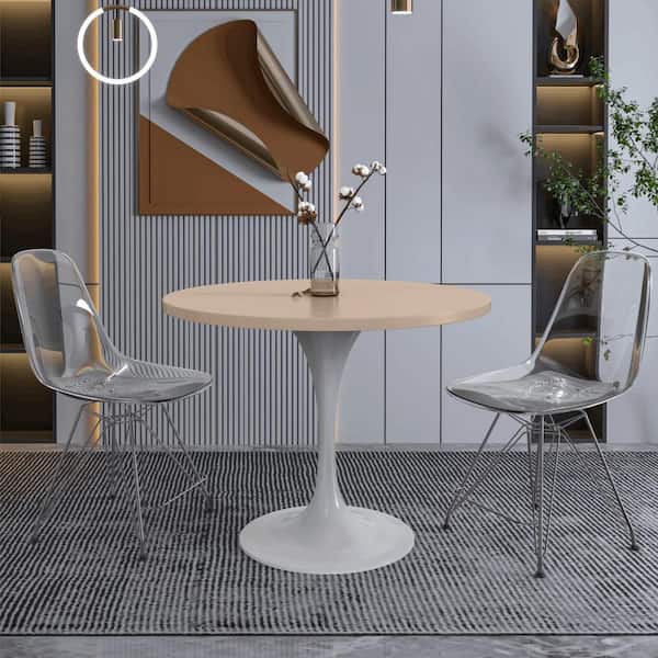 Leisuremod Verve Modern Dining Table with a 36 in. Round MDF Wood Tabletop and White Steel Pedestal Base, Light Natural