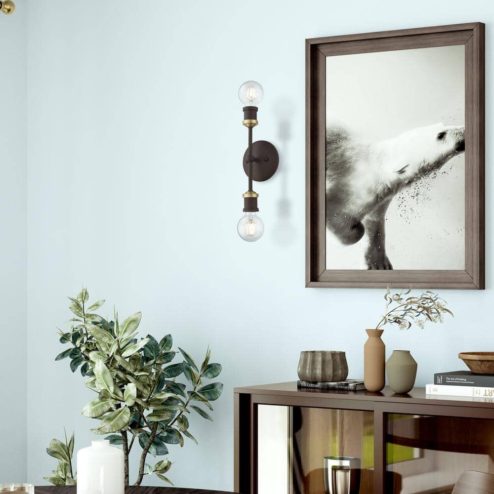 Lansdale 12" Contemporary Urban Two-Light Sconce in Bronze and Brass
