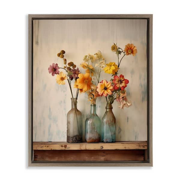 Stupell Industries Rustic Spring Flowers Shelf by Arlington Prints Brown Floater Frame Nature Graphic Art Print 21 in. x 17 in.