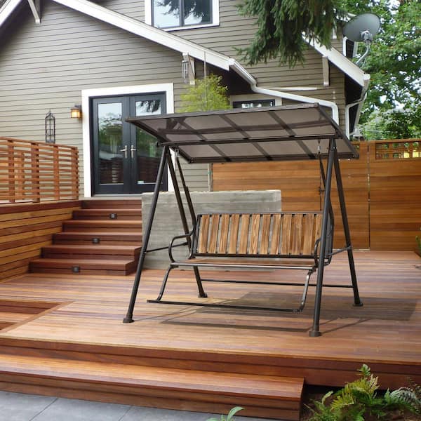 HOMMOW 67 in. 3-Person Outdoor Wood Patio Swing Chair with Aluminum Frame and Adjustable Canopy, for Lawn, Backyard