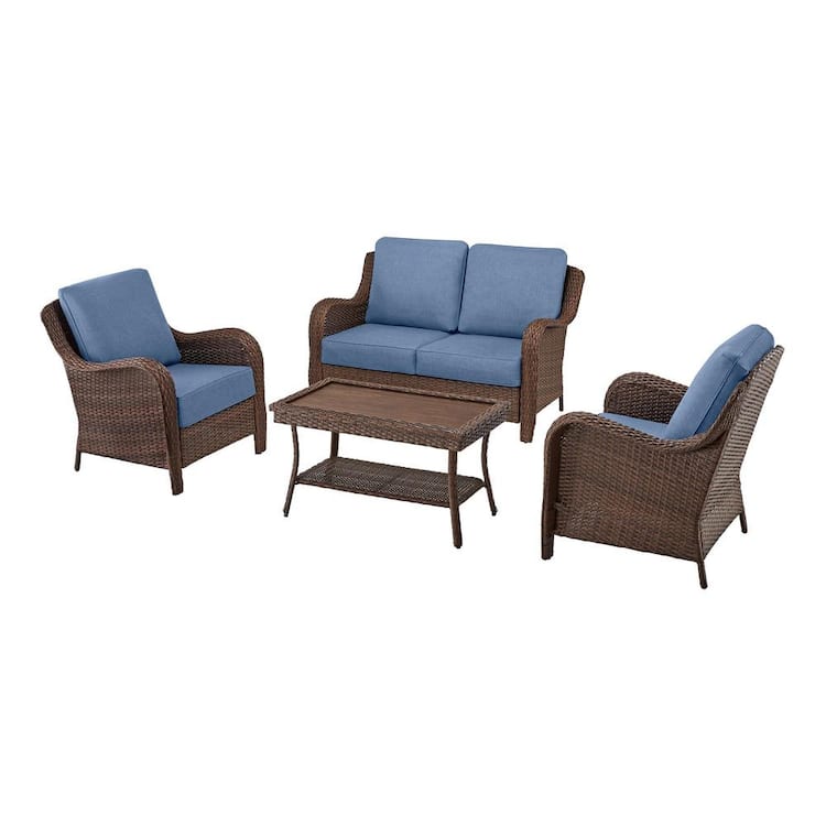 Hampton Bay Newshire 4-Piece Wicker Patio Conversation Set with Lake Cushions