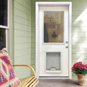 36 in. x 80 in. Reliant Series Clear Half Lite LHIS White Primed Fiberglass Prehung Back Door with Extra Large Pet Door