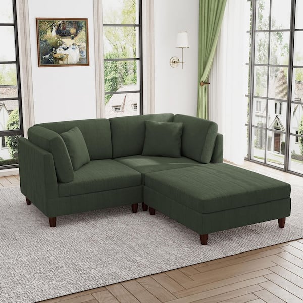 Uixe 74.7 in. Straight Arm 3-Piece Corduroy Upholstered L-Shaped Sectional Sofa in Green