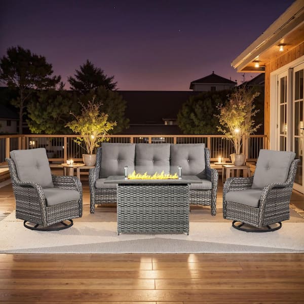 4-Piece Gray Wicker Fire Pit Conversation Set with Olefin Gray Cushions and 2 Swivel Glider Chairs and Couch