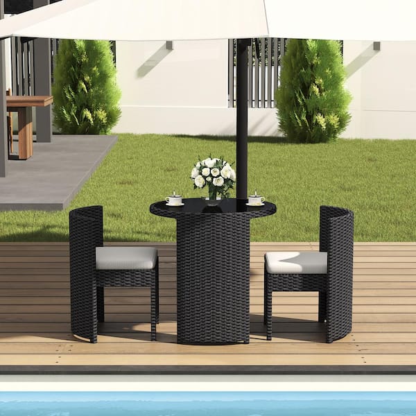 TWT Black 3-Piece Aluminum Round Outdoor Bistro Set with White Cushions